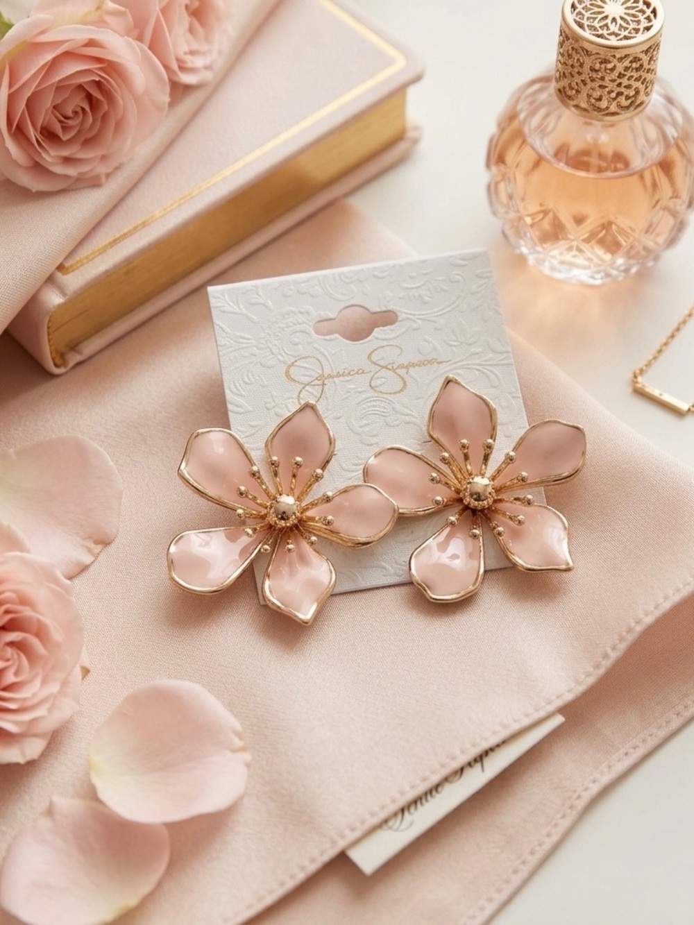 Jessica Simpson Blush Pink Floral Drop Earrings with Gold Trim